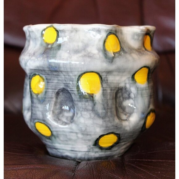 Polka dots Ceramic Black & Yellow Altered Vase Bubble Technique Organic Shape - Picture 5 of 11